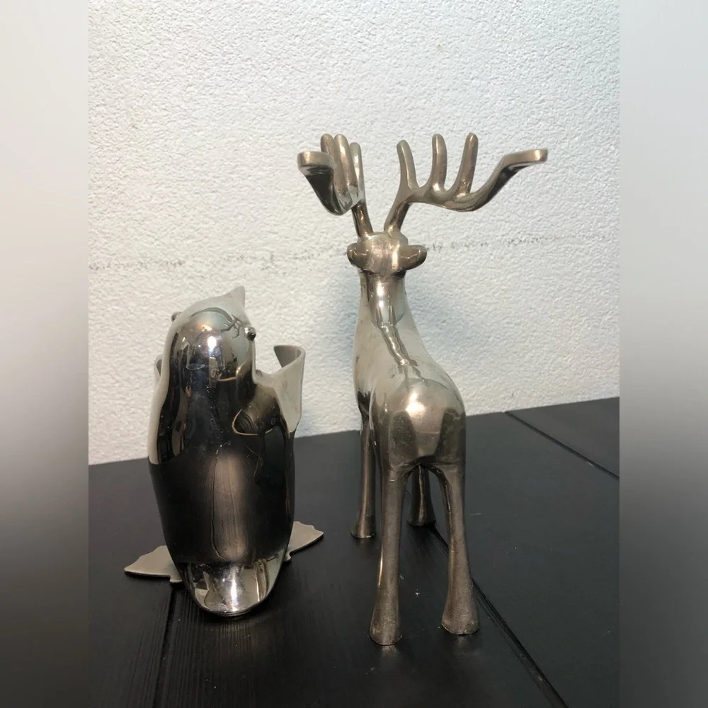Restoration Hardware Silver Metal Decorative Figurines - Reindeer & Penguin